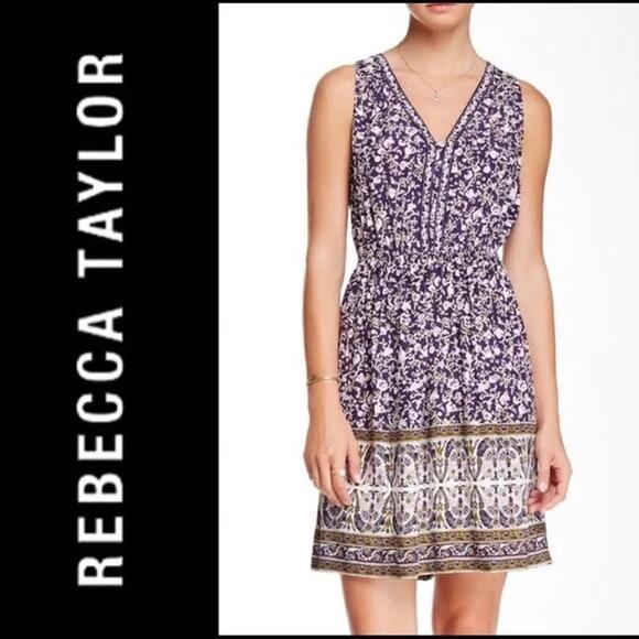 Rebecca Taylor Gray & Blue Micro Floral Print Sleeveless Fit & Flare Dress - Picture 1 of 8